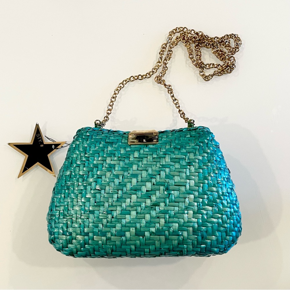 NWT Turquoise Hard Case Woven Sun Clutch Bag / Purse - Picture 4 of 8